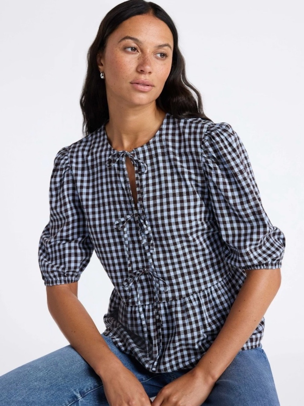 Time and Tru Women’s Size Large Gingham Tie-Front Peplum Puff Sleeve Top NWT